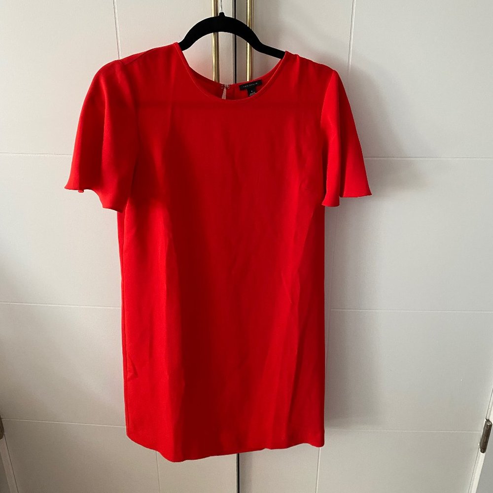 Ann Taylor Shift Dress with Flutter Ruffle Sleeves (0, Red)